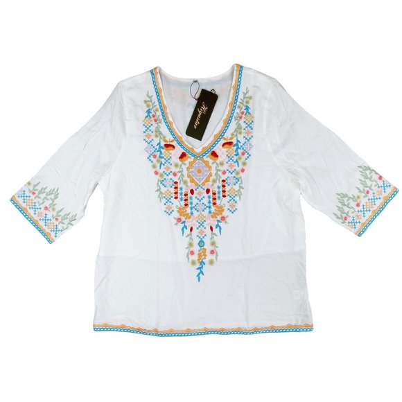 Embroidered Boho Blouse Top Women Medium Bohemian Higustar White Floral Peasant - Picture 1 of 9